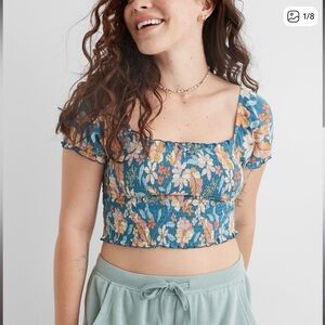 Aerie Smocked Floral Puff Sleeve Crop Top Blue Boho Cottagecore M